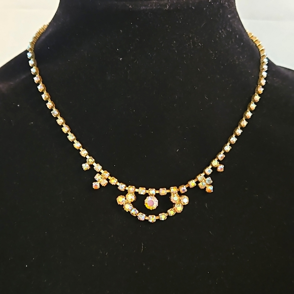 Vintage Aurora Borealis Dainty Gold Tone Necklace Vintage
